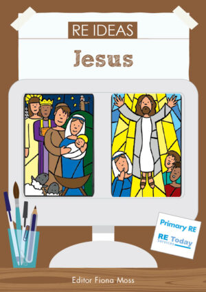 Image showing a book cover with the title "RE Ideas: Jesus" and vibrant illustrations representing learning activities.