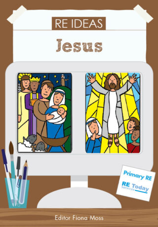 Image showing a book cover with the title "RE Ideas: Jesus" and vibrant illustrations representing learning activities.